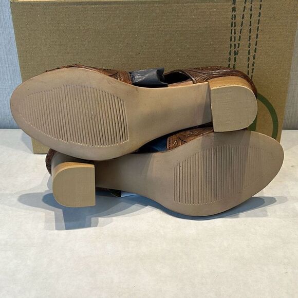 NEW Roper Mika Front Zip Sandals Sz 10 Brown Tooled Leather 3" Heel Open Toe - Picture 7 of 9